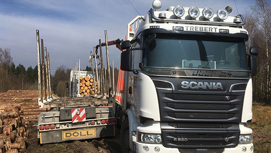 Long timber transport with crane