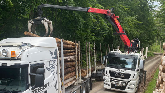 Short timber transports with crane vehicle